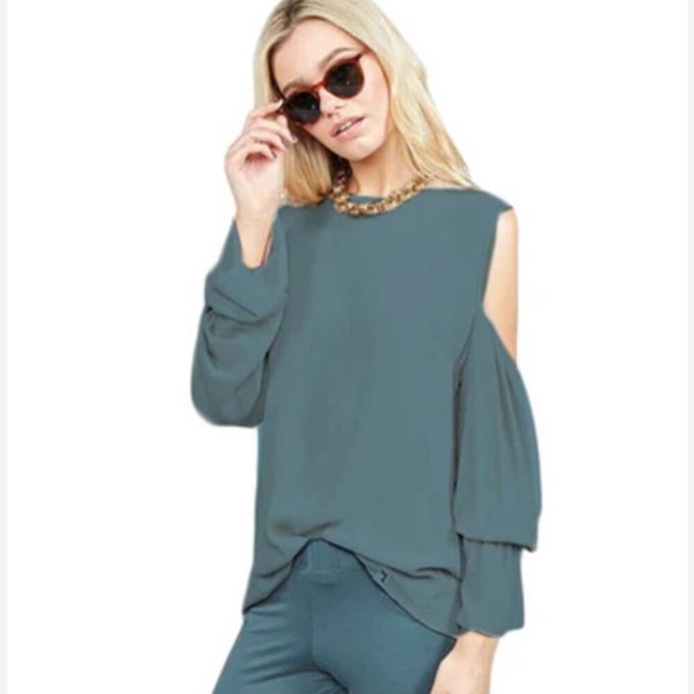 NWT Michael Lauren Open Shoulder Bell Sleeve Top Teal Boho Draped Blouse Small